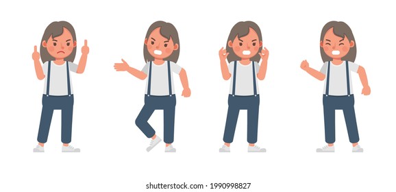 Set of children character vector design. Girl wear red shirt and blue trousers. Presentation in various action with emotions. angry upset kids.