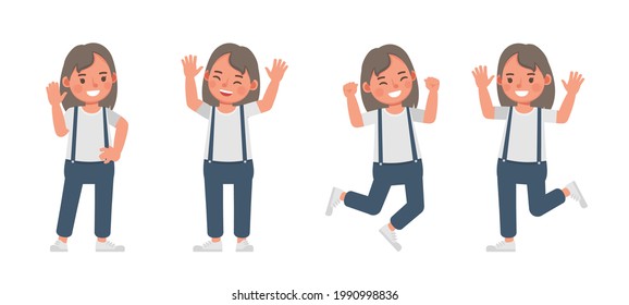Set of children character vector design. Happy Girl wear red shirt and blue trousers. Presentation in various action with emotions.