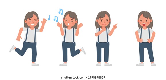 Conjunto de diseño vectorial de caracteres secundarios. Las chicas llevan camisa roja y pantalones azules. Presentación en diversas acciones con emociones. niños cantando y jugando.