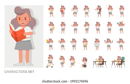 Set of children character vector design. Girl wear white shirt and grey skirt. Presentation in various action with emotions, running, standing and walking. 
