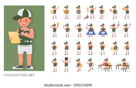 Set of children character vector design. Boy wear green shirt. Presentation in various action with emotions, running, standing and walking. 