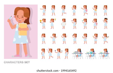 Set of children character vector design. Girl wear blue dress. Presentation in various action with emotions, running, standing and walking. 
