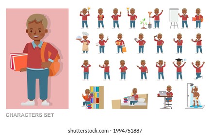 Set of children character vector design. Boy wear red shirt. Presentation in various action with emotions, running, standing and walking. 