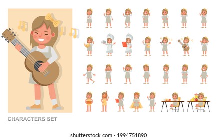 Set of children character vector design. Girl wear grey dress. Presentation in various action with emotions, running, standing and walking. 