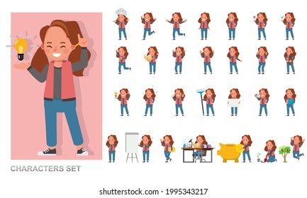 Set of children character vector design. Girl wear red shirt. Presentation in various action with emotions, running, standing and walking. 