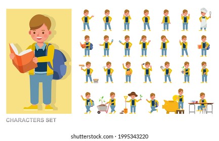 Set of children character vector design. Boy wear yellow shirt. Presentation in various action with emotions, running, standing and walking. 