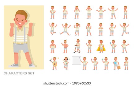 Set of children character vector design. Boy wear yellow shirt and grey shorts. Presentation in various action with emotions, running, standing and walking. 
