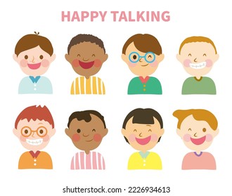 Set of children characters avatars. School kids happy face and hairstyle.  Happy faces teenagers of different nationalities. Portraits of kids isolated on white. Collection of different boys vector.
