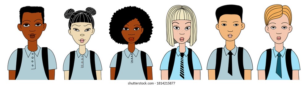 Set of children characters. Group of teenagers of different nationalities in school uniforms. isolated on white background. Vector illustratin doodle style