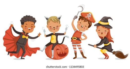 Set of children characters for halloween. costumes pirate. dracula, witches, monster, mummy,  pumpkin. Vector illustration isolated white background