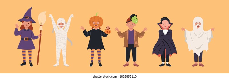 Set of children characters for Halloween. Costumes witches, mummy, pumpkin, Frankenstein's monster, Dracula, ghost. Vector illustration in a flat style