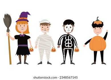 Set of children characters for Halloween. Costumes witches, monster, mummy, skeleton, pumpkin. Vector illustration