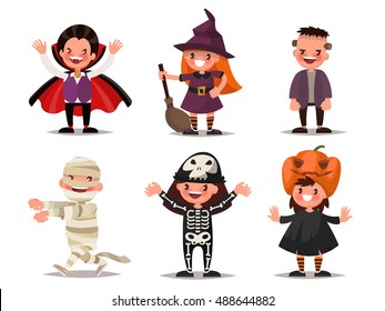 Set of children characters for Halloween. Costumes Dracula, witches, Frankenstein's monster, mummy, skeleton, pumpkin. Vector illustration of a flat design