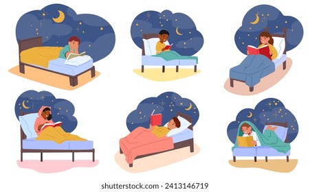 Set of Children Characters Reading Books in Bed. Kids Immersed In Enchanting Tales, Their Imaginations Creating A Cozy Haven Of Dreams Before Sleep Claims Them. Cartoon People Vector Illustration