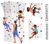 Set of Children Characters Scale A Climbing Wall With Help Of Their Trainer. Concept of Thrill Of Outdoor Adventure, Healthy Physical Activity And Teamwork Promo. Cartoon People Vector Illustration