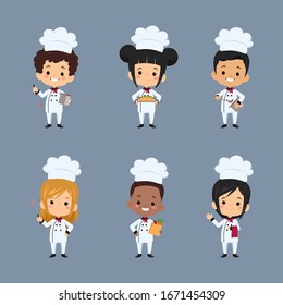 set of children chef cooks. Cartoon mascots character in dynamic poses. People boy and girl chef in white hat, vector illustration - Vector