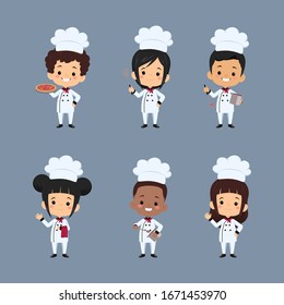 un chef infantil que prepara comida. Caricatura de mascotas en poses dinámicas. Chico y chef de sombrero blanco, ilustración vectorial - Vector