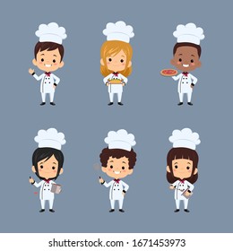 set of children chef preparing food. Cartoon mascots character in dynamic poses. People boy and girl chef in white hat, vector illustration - Vector
