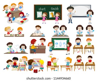 Set of children in classroom scenes illustration