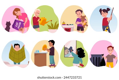 Set of children cleaning and housekeeping flat style, vector illustration isolated on white background. Decorative design elements collection, plant's and pet's care, garbage