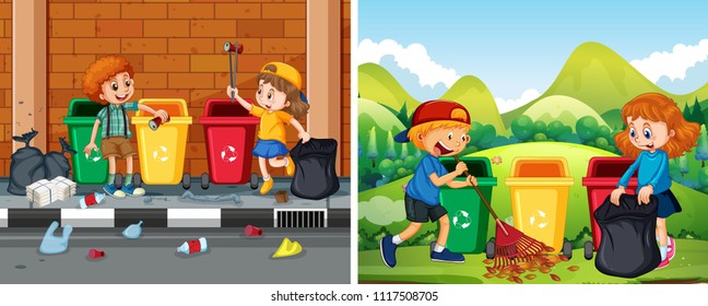 Set Children Cleaning Public Area Illustration Stock Vector (Royalty ...