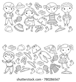 Set of children clothes icons, cute doodle style Boys and girls playing School children clothing