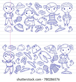 Set of children clothes icons, cute doodle style Boys and girls playing School children clothing