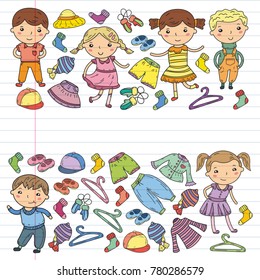 Set of children clothes icons, cute doodle style Boys and girls playing School children clothing