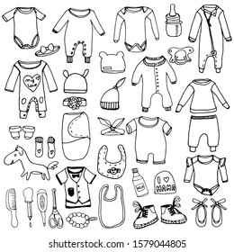 Set of children clothes in line, doodle style on a white background. Hygiene products for newborns, diapers, bottle, nipple. Hand drawn black outline. Vector illustration.