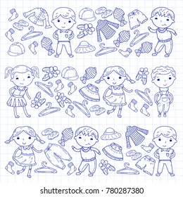 Set of Children clothing. Vector icons. Kindergarten. Nursery. Atelier. School clothing. Summer clothing. Kids store