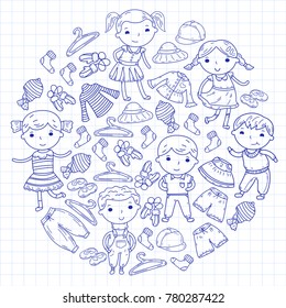 Set of Children clothing. Vector icons. Kindergarten. Nursery. Atelier. School clothing. Summer clothing. Kids store