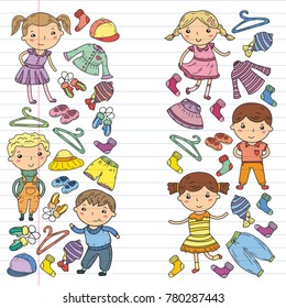 Set of Children clothing. Vector icons. Kindergarten. Nursery. Atelier. School clothing. Summer clothing. Kids store