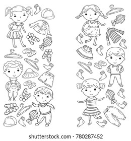 Set of Children clothing. Vector icons. Kindergarten. Nursery. Atelier. School clothing. Summer clothing. Kids store