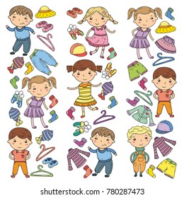 Set of Children clothing. Vector icons. Kindergarten. Nursery. Atelier. School clothing. Summer clothing. Kids store