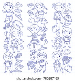 Set of Children clothing. Vector icons. Kindergarten. Nursery. Atelier. School clothing. Summer clothing. Kids store