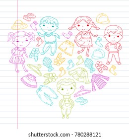 Set of Children clothing. Vector icons. Kindergarten. Nursery. Atelier. School clothing. Summer clothing. Kids store