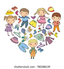 Set of Children clothing. Vector icons. Kindergarten. Nursery. Atelier. School clothing. Summer clothing. Kids store