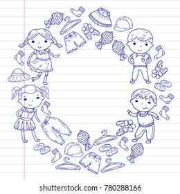 Set of Children clothing. Vector icons. Kindergarten. Nursery. Atelier. School clothing. Summer clothing. Kids store
