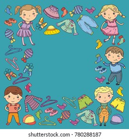 Set of Children clothing. Vector icons. Kindergarten. Nursery. Atelier. School clothing. Summer clothing. Kids store