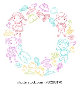 Set of Children clothing. Vector icons. Kindergarten. Nursery. Atelier. School clothing. Summer clothing. Kids store