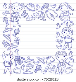 Set of Children clothing. Vector icons. Kindergarten. Nursery. Atelier. School clothing. Summer clothing. Kids store