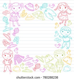 Set of Children clothing. Vector icons. Kindergarten. Nursery. Atelier. School clothing. Summer clothing. Kids store