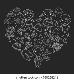 Set of Children clothing. Vector icons. Kindergarten. Nursery. Atelier. School clothing. Summer clothing. Kids store