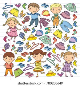 Set of Children clothing. Vector icons. Kindergarten. Nursery. Atelier. School clothing. Summer clothing. Kids store pattern