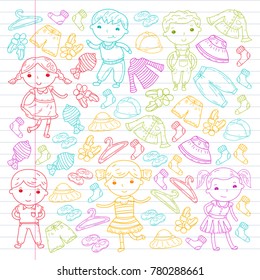 Set of Children clothing. Vector icons. Kindergarten. Nursery. Atelier. School clothing. Summer clothing. Kids store pattern