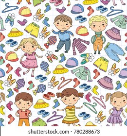Set of Children clothing. Vector icons. Kindergarten. Nursery. Atelier. School clothing. Summer clothing. Kids store seamless pattern