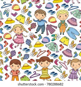 Set of Children clothing. Vector icons. Kindergarten. Nursery. Atelier. School clothing. Summer clothing. Kids store seamless pattern
