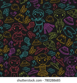 Set of Children clothing. Vector icons. Kindergarten. Nursery. Atelier. School clothing. Summer clothing. Kids store seamless pattern