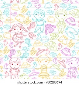 Set of Children clothing. Vector icons. Kindergarten. Nursery. Atelier. School clothing. Summer clothing. Kids store seamless pattern