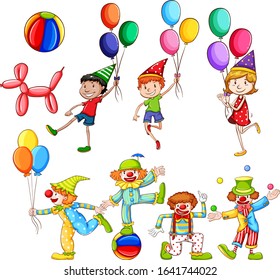 Set of children and clowns with balloons illustration